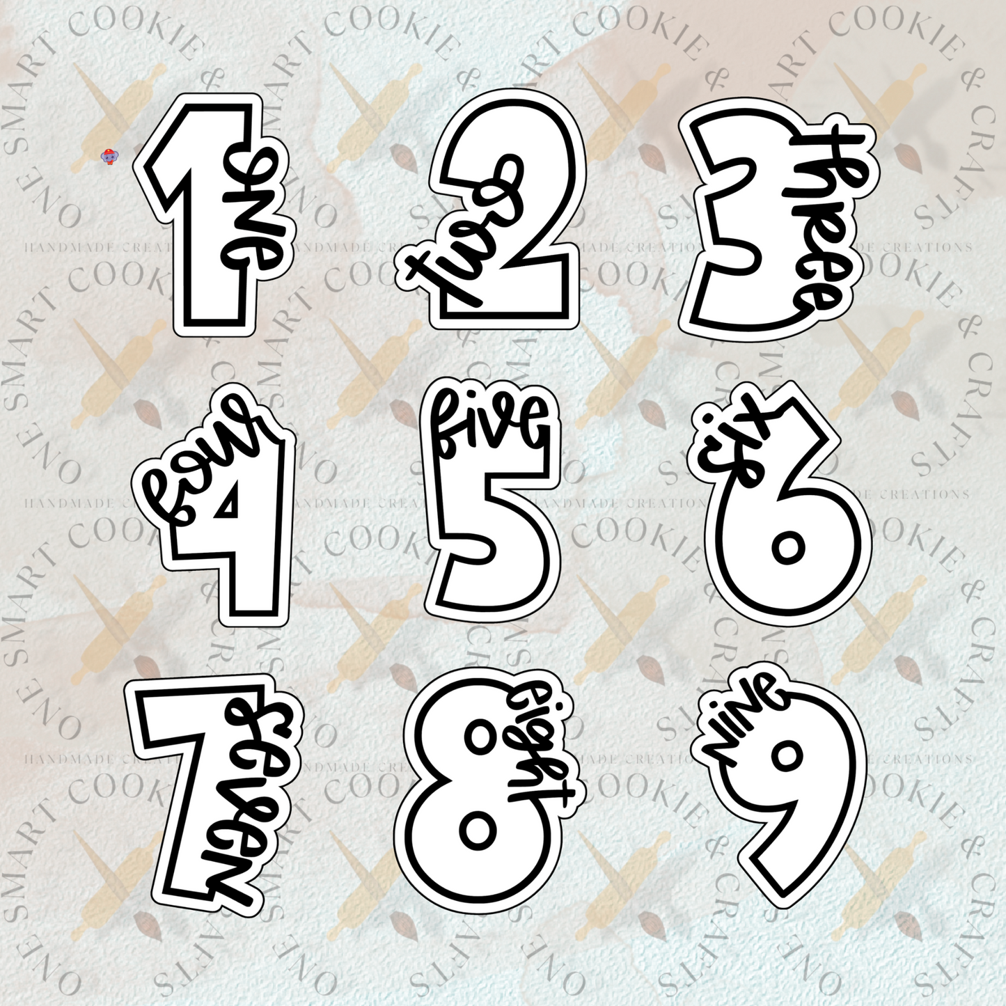 Numbers 1-9 with Side Script Cookie Cutter